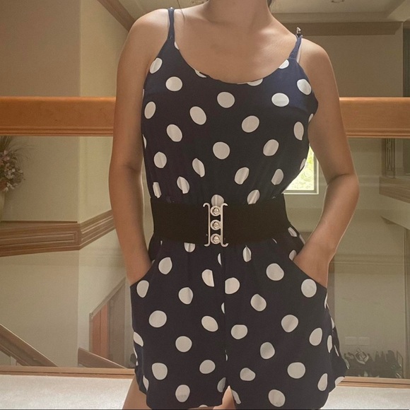 Navy blue and white polka dot satin romper retro 50s style - Picture 2 of 4